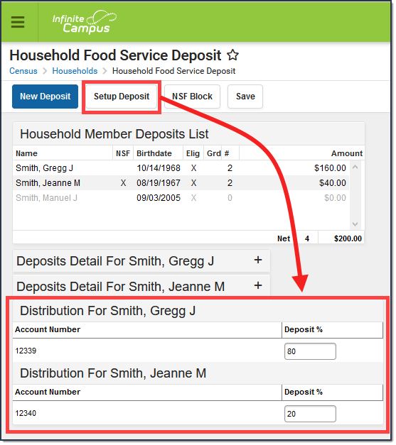 Two-part screenshot of the Household Food Service Deposit tool and the screen that appears after the Setup Deposit button is clicked.