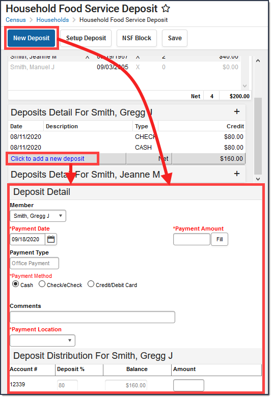 Two-part screenshot of the Household Food Service Deposit tool and the screen that appears after the NewDeposit button is clicked.