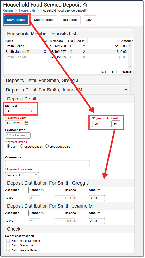 Screenshot of the fields when making a new deposit. The Member and Payment Amount fields are highlighted.
