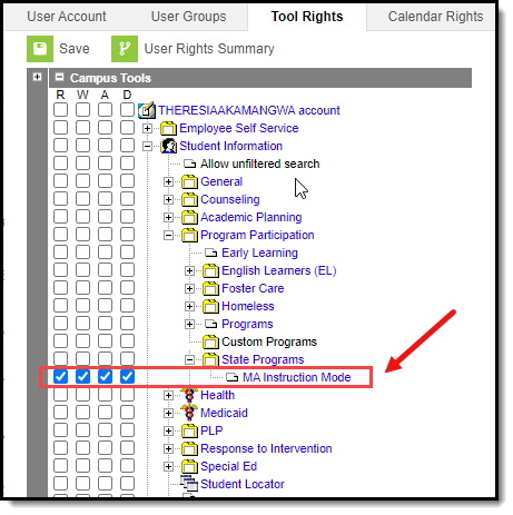 Screenshot of Instruction Mode Tool Rights.
