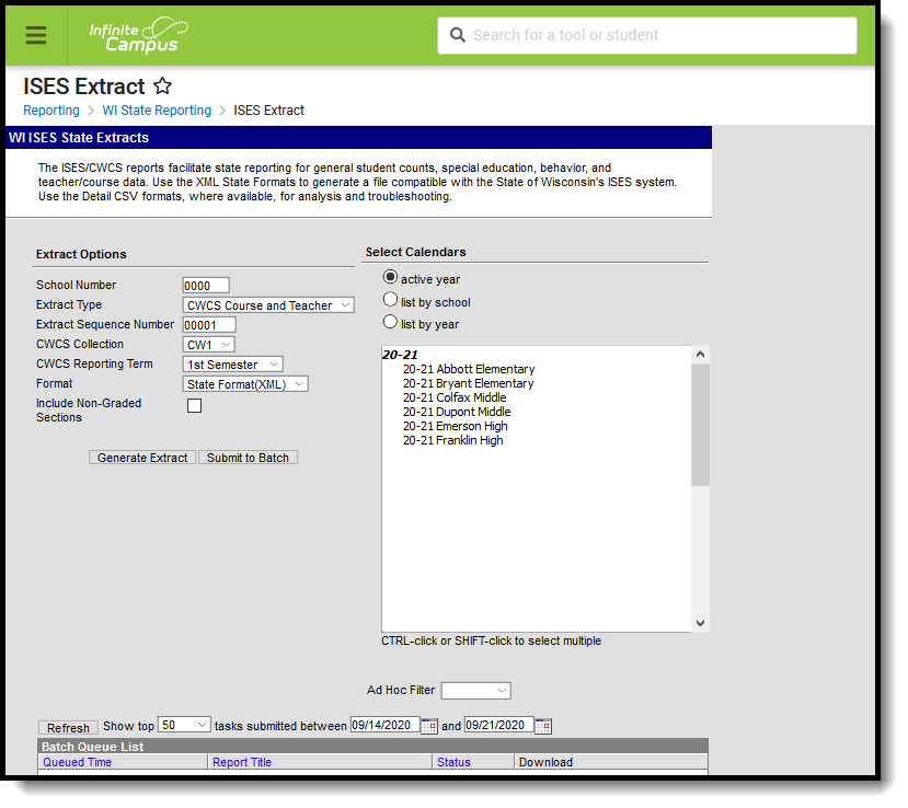Screenshot of the ISES CWCS Course and Teacher Extract editor..