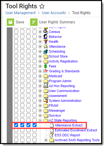 Screenshot of the tool rights options for the Attendance Extract.