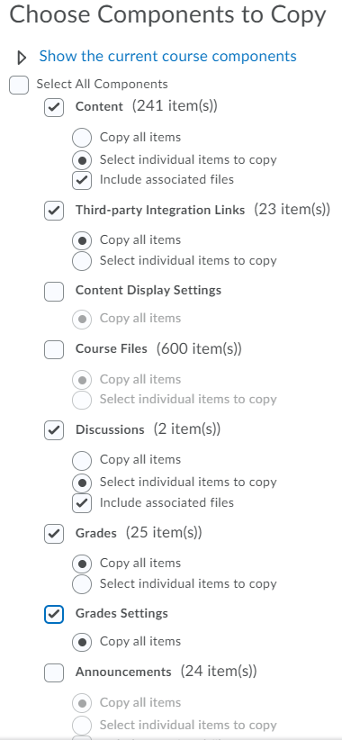 Shows Choose Components to Copy options