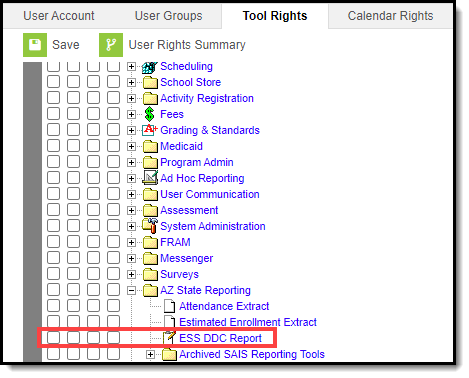 Screenshot of the tool rights editor for the ESS DDC Report.