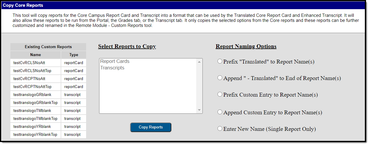 Screenshot of Copy Core Reports tool