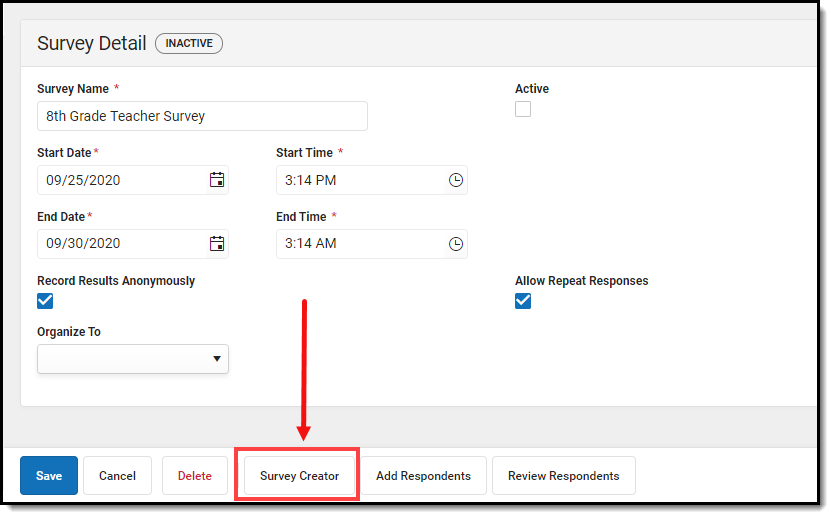 screenshot of the survey creator button highlighted