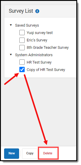 screenshot of selecting a survey and clicking the delete button