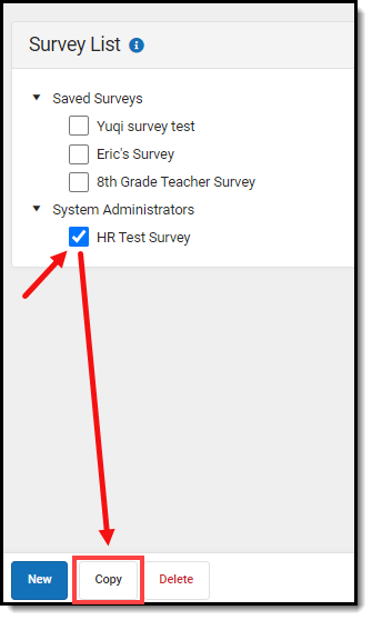 screenshot of marking the checkbox next to a survey and selecting copy