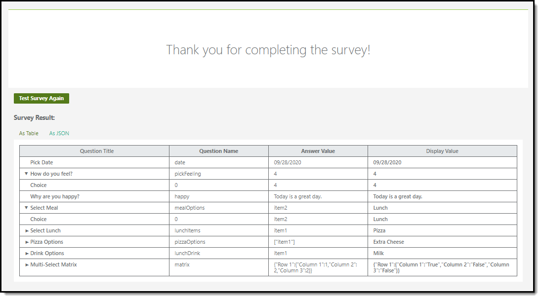 screenshot of survey results