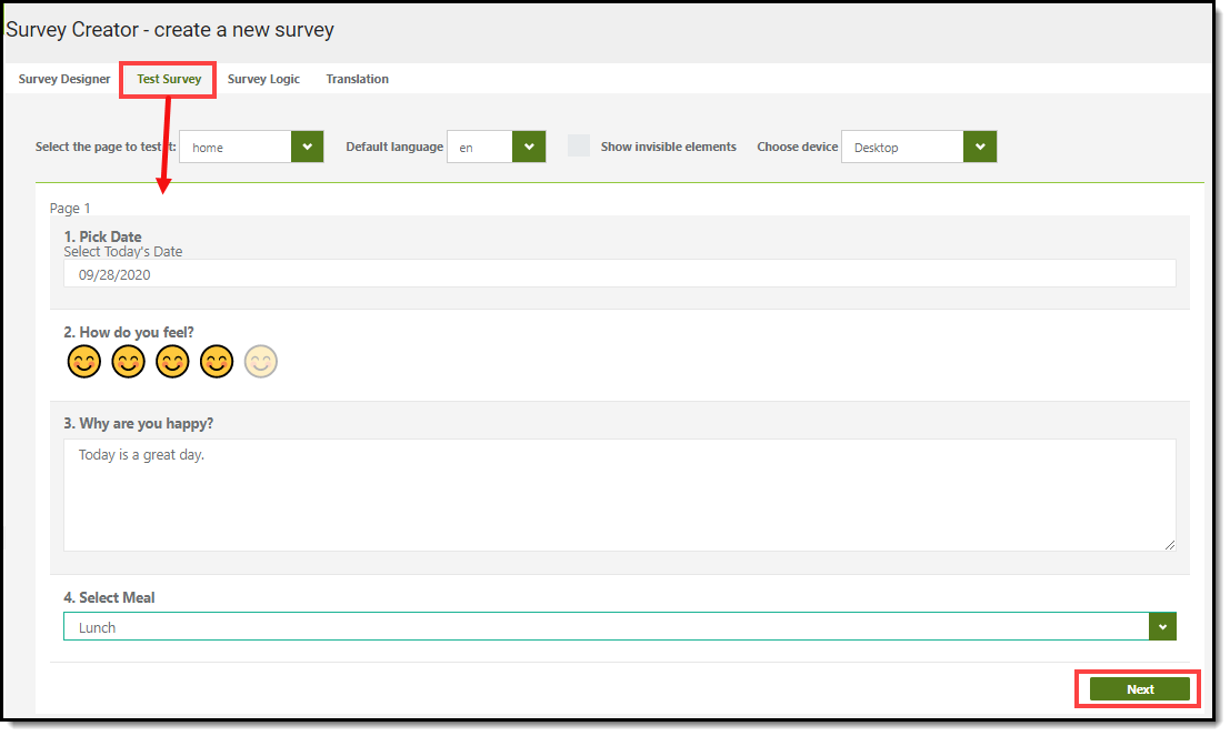 screenshot of a test survey and the next button highlighted
