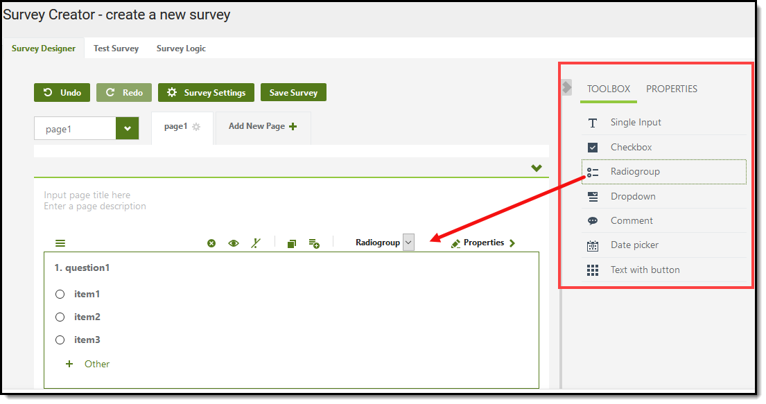 screenshot of the radiogroup option selected and appearing in the survey