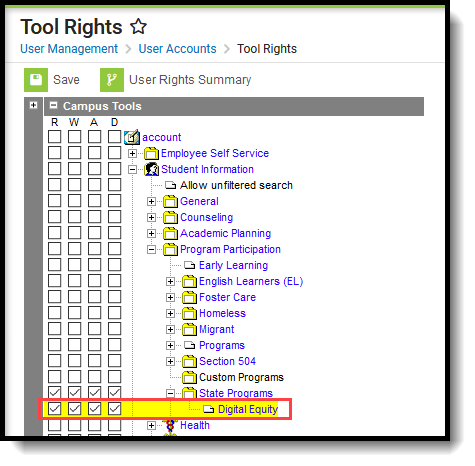 Screenshot of the Tool Rights needed for full access to Digital Equity in Classic view. 