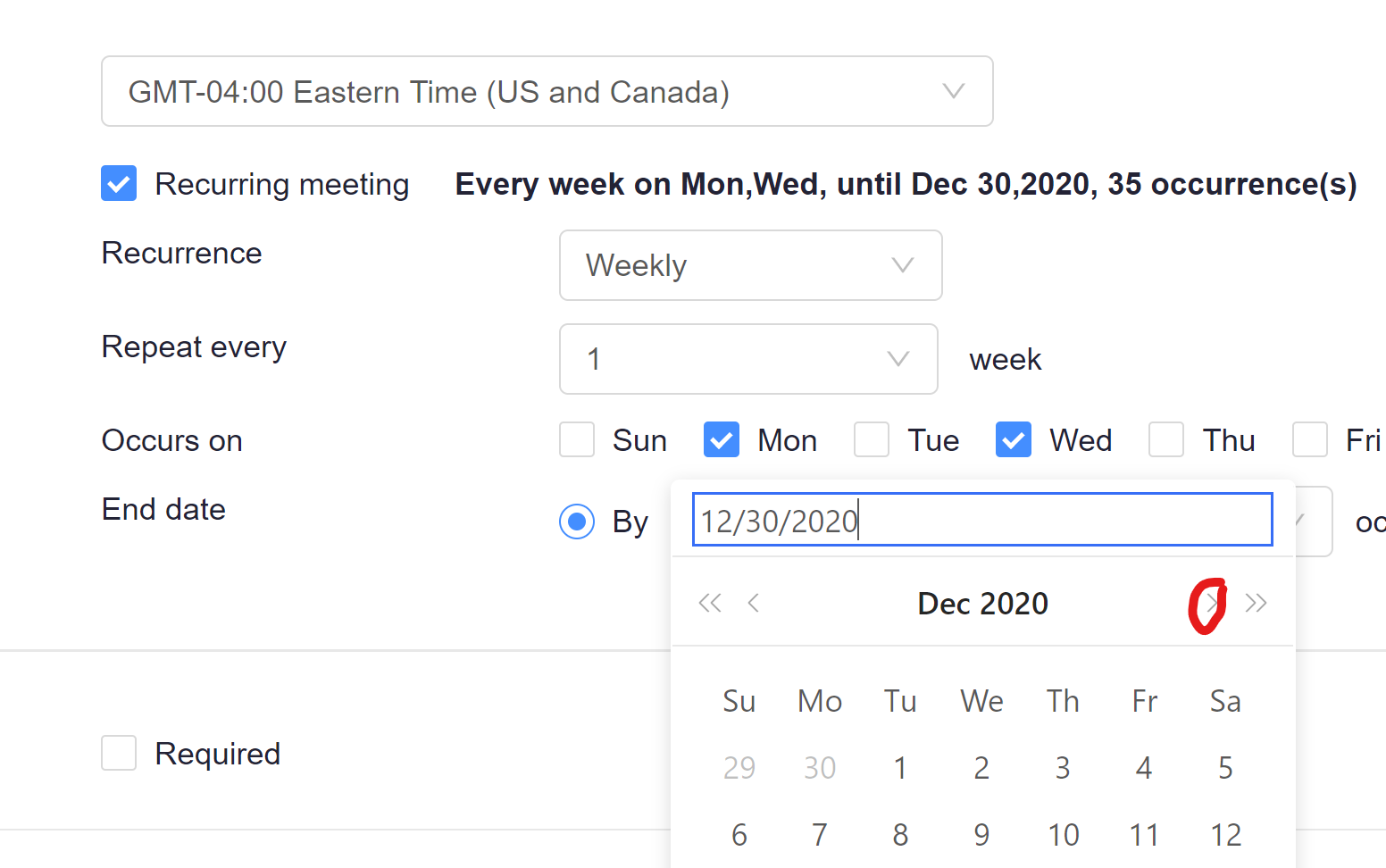 screenshot of selecting a month in the recurrence options.