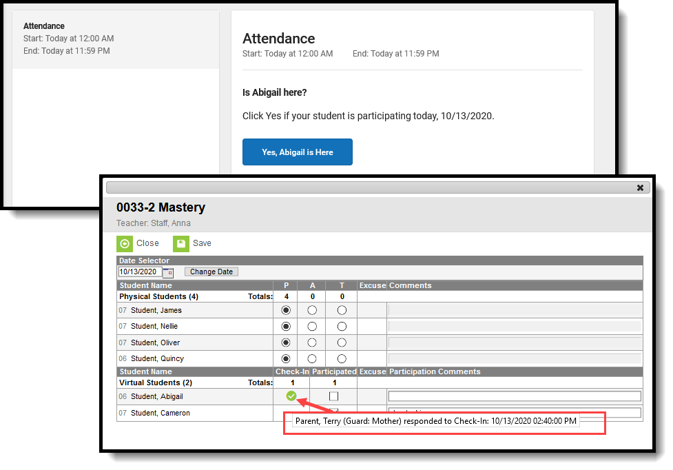 Screenshot of Student/Parent Check In information displays when hovering over the Participation Check In Mark.