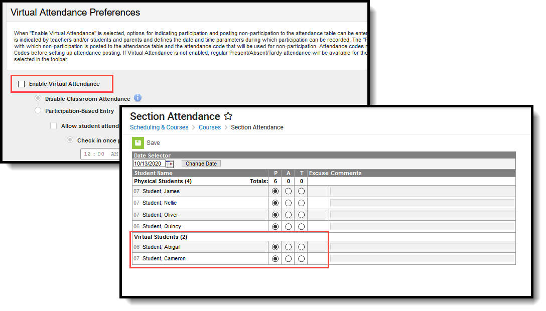 Screenshot of Students marked as present, absent, or tardy when virtual attendance preferences are not enabled on the Section Attendance screen. 