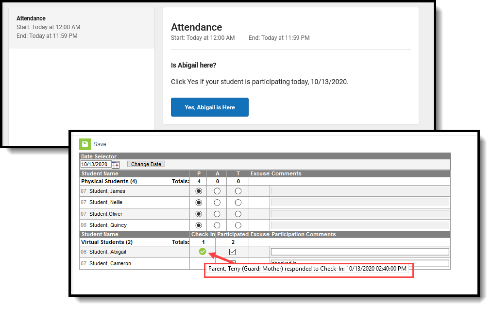 Screenshot of Student/Parent Check-in information when hovering over the Participation Check-in mark