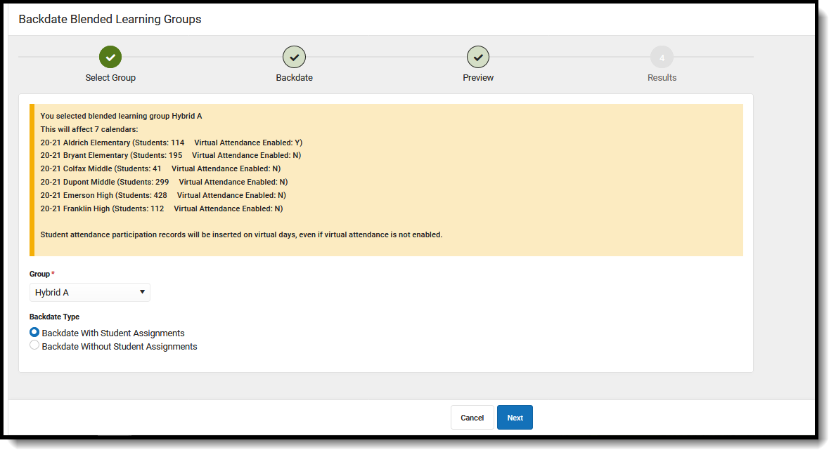 Screenshot of the Backdate with Student Assignments process.