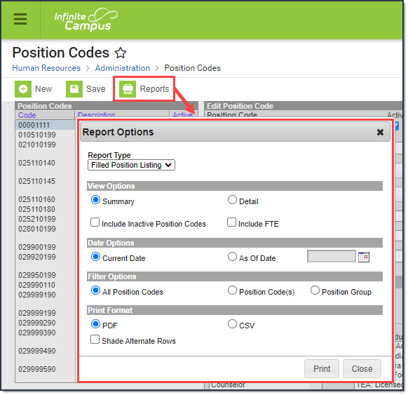 Screenshot highlighting the Reports tool and the report options window that displays for the Report Type of Filled Position Listing.