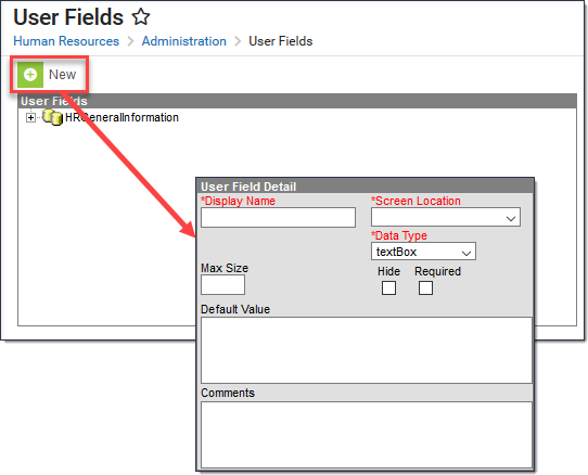 Screenshot highlighting the New button on the User Fields tool and showing the detail section that displays. 