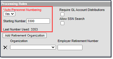 Screenshot of the options for assigning employee numbers. The fields Auto Personnel Numbering, Starting Number, and Last Number Used are highlighted.