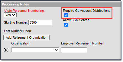 Screenshot of the Processing Rules window. The Require GL Account Distributions checkbox is marked.