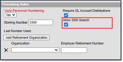 Screenshot of the checkbox called Allow SSN Search. The checkbox Is highlighted and marked.