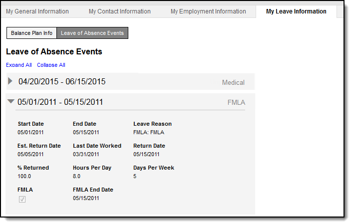 Screenshot of My Leave Information tab