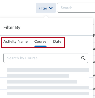 Identifies Activity Name and Course selectors