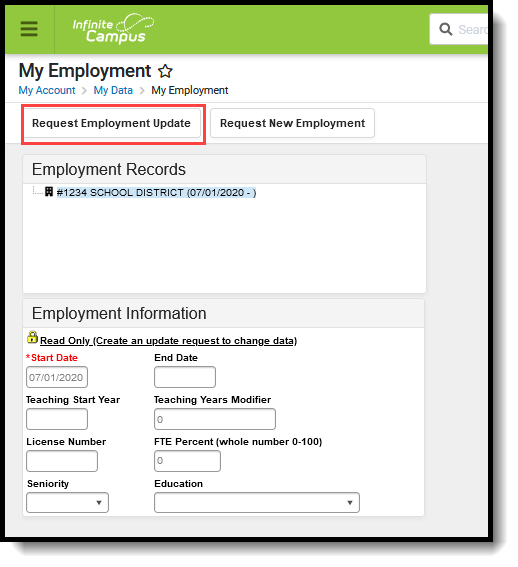 Screenshot of Request an Employment Update