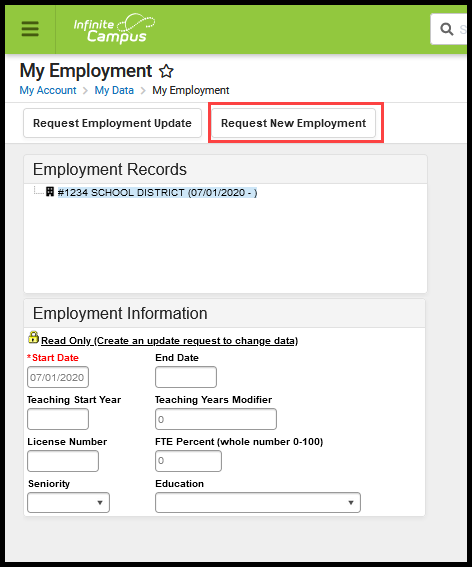 Screenshot of Request New Employment