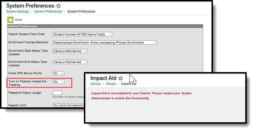 Screenshot of the System Preferences when the Federal Impact Aid Tracking is set to No. 