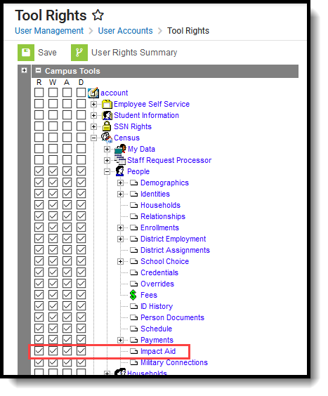 Screenshot of the Tool Rights Editor highlighting the Impact Aid section. 