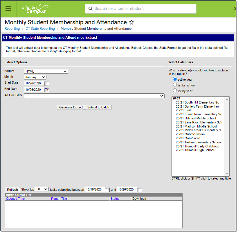 Screenshot of the Monthly Student Membership and Attendance extract editor.  