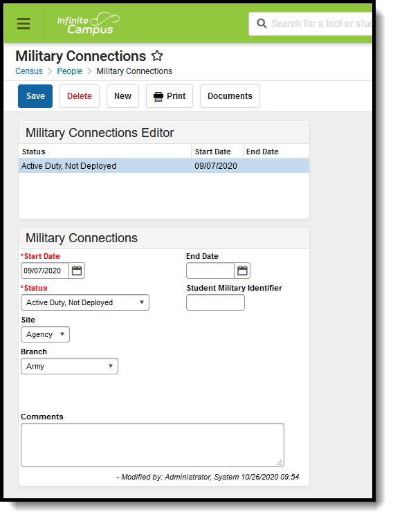 Screenshot of the Military Connections editor