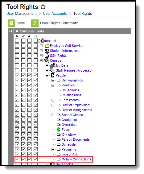 Screenshot of the military connections tool rights.