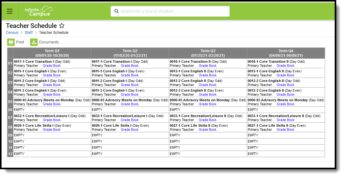 Screenshot of teacher schedule.