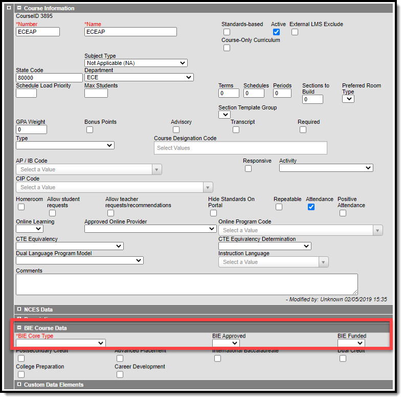 Screenshot of the BIE Core Type section on the course editor.