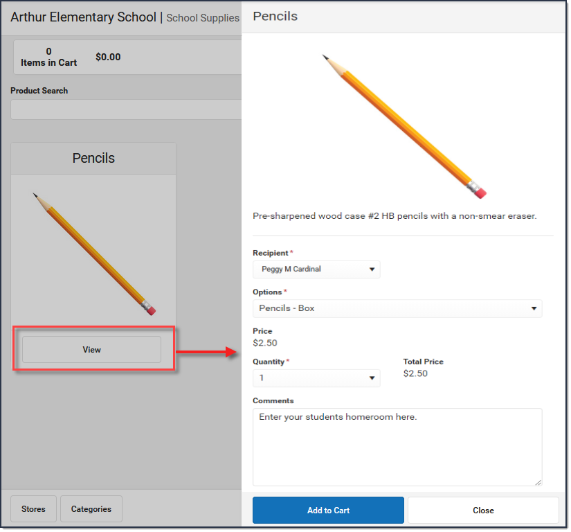 Screenshot displaying the side panel that displays when selecting the View button on a product in the School Store.