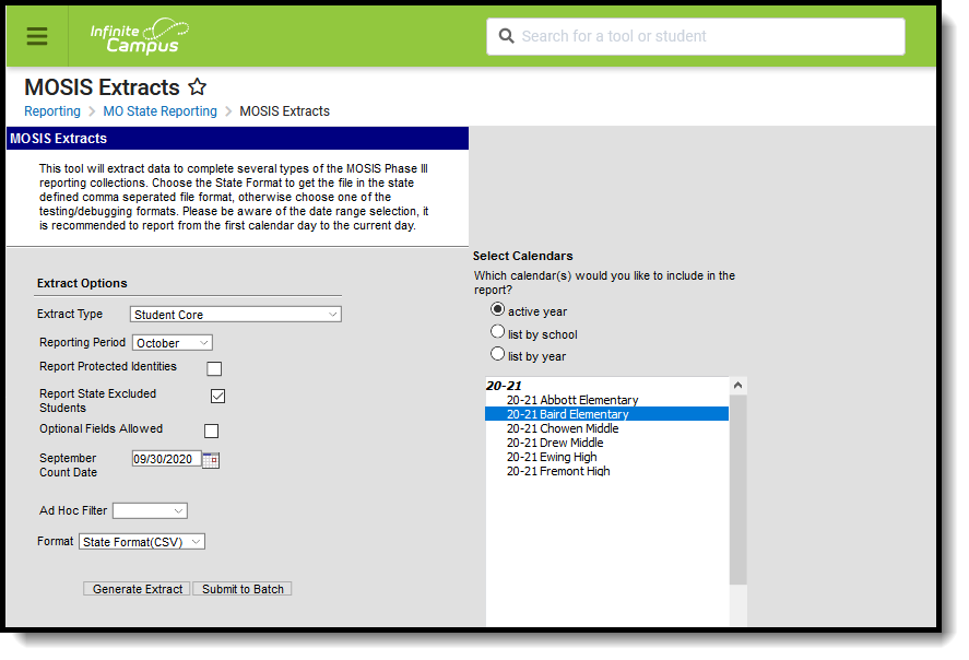 Screenshot of the MOSIS Student Core extract editor.