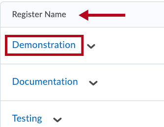 Indicates Register Name column and Identifies a register