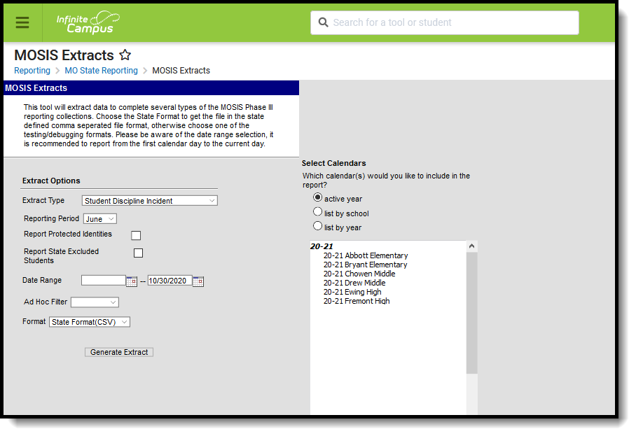 Screenshot of the MOSIS Student Discipline Incident extract editor.