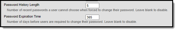 Screenshot of the password history length and password expiration time preferences
