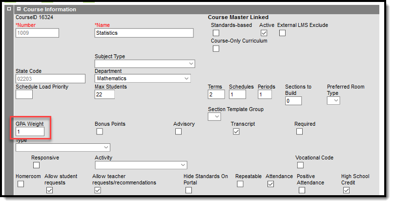 Screenshot showing where GPA Weight is applied on a course editor.