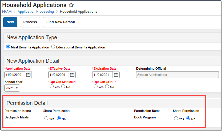 Screenshot of the Household Applications tool. The Permission Detail section is highlighted.