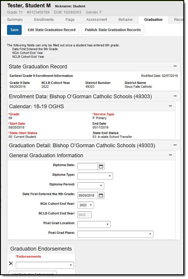 Screenshot of the State Edition Student Graduation Record