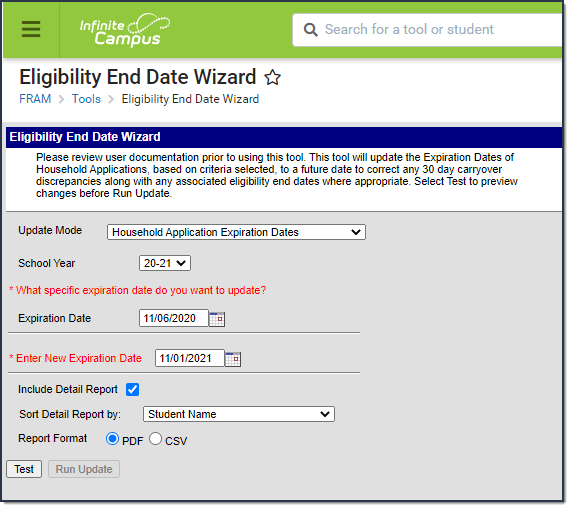 Screenshot of Eligibility End Date Wizard