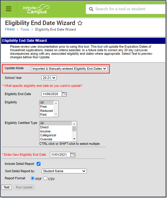 Screenshot of Imported and Manually-Entered Eligibility End Dates