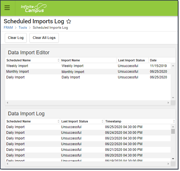 Screenshot of the Data Import Log