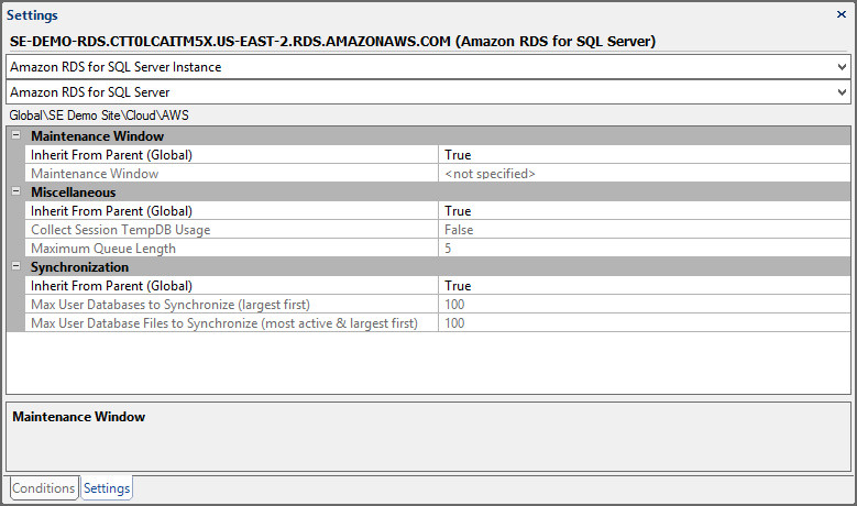 Amazon RDS for SQL Server Settings Target