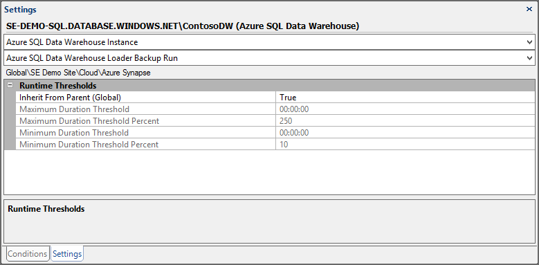Settings Pane Azure SQL Data Warehouse Loader Backup Run Target